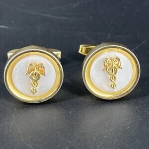 Vintage Foster Caduceus Cufflinks Set Mother of Pearl Gold Tone Medical
